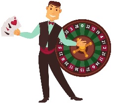 Croupier in work suit with vest and bowties holds play cards and roulette wheel behind isolated cartoon flat vector illustration on white background. Casino worker and equipment for gambling.